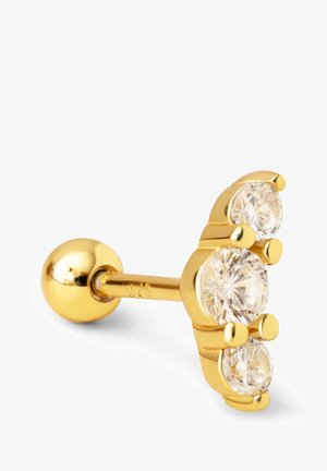Złota kolczyk wkręcany z trzema przezroczystymi, okrągło ciętymi kamieniami ułożonymi w skupisko, z gładkim okrągłym zapięciem i wypolerowanym wykończeniem.