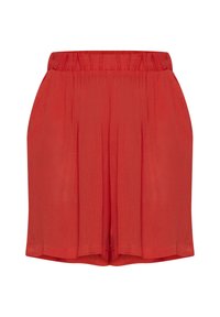 Shorts plissés rouges avec une taille élastique, en matériau léger, présentant un design ample et fluide avec un ourlet propre.