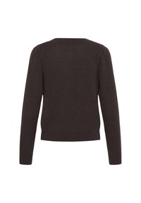 Pull en maille marron foncé à manches longues, épaules légèrement bouffantes et ourlet droit, vu de dos sur fond blanc.