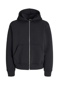 Sweat à capuche noir zippé en mélange de coton, avec poche kangourou, capuche ajustable et poignets côtelés. Texture lisse avec un design minimaliste.