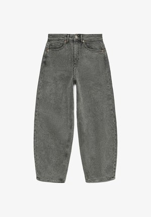 Grijze gemêleerde jeans met een losse pasvorm, voorzien van een hoge taille, vijf zakken en een metalen knoopsluiting aan de voorkant. Gelaagd stof.