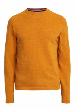 Šviesiai oranžinė megztinis su apvaliu iškirpimu, pagamintas iš minkštos medžiagos. Yra mėlynos ir raudonos juostelės vidinėje apykaklėje. Ilgos rankovės.