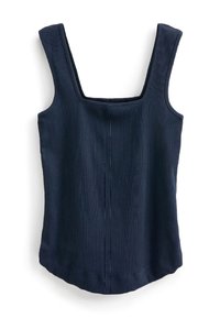Débardeur bleu marine avec un décolleté carré, texture côtelée et ourlet arrondi. Présente de fines rayures verticales sur tout le tissu.