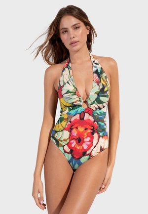 Floral one-piece swimsuit in vibrant colors with a halter neck design and a keyhole detail at the waist, featuring bold patterns and a fitted shape.