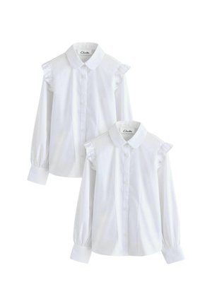 Witte lange mouwen shirts met knoopsluiting aan de voorkant, ruches op de schouders en een klassieke kraag. Gemaakt van gladde stof met geschuurde mouwen.