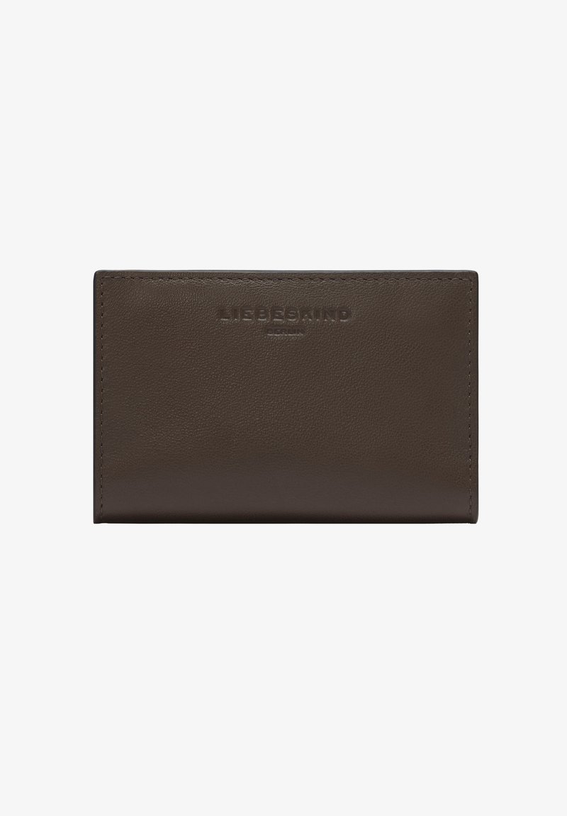 Portefeuille en cuir rectangulaire marron foncé avec le nom de la marque "Liebeskind Berlin" embossé au centre à l'avant.