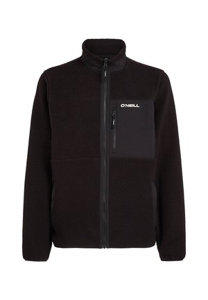 Black fleece jacket with high collar, full front zipper, chest pocket with vertical zipper, and "O'Neill" logo on chest pocket.