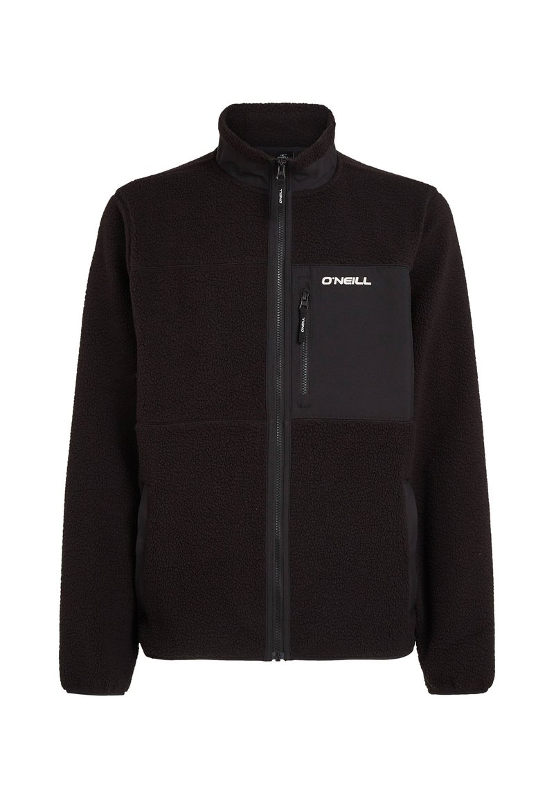Giacca in pile nera con colletto alto, zip frontale a tutta lunghezza, tasca sul petto con zip verticale e logo "O'Neill" sulla tasca.