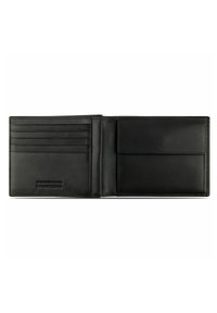 Portefeuille en cuir noir avec plusieurs emplacements pour cartes à gauche, un compartiment central et une texture lisse avec un logo en relief.
