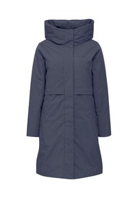 Manteau imperméable bleu marine avec un col montant, des manches longues et deux poches latérales. Tissu lisse et texturé avec une fermeture éclair frontale et des boutons-pression.