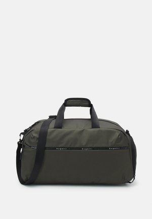 Duffel bag in dark olive green, made of durable fabric. Features dual handles and a detachable shoulder strap with logo detail.