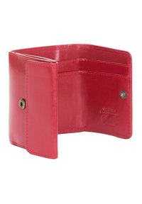 Red leather wallet with a smooth texture, featuring multiple card slots and a snap closure. Interior has an embossed logo detail.