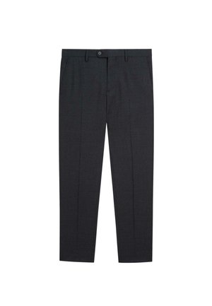 Gray tailored trousers with a structured fit, featuring a flat front, single-pleat design, and button closure. Smooth texture and classic style.