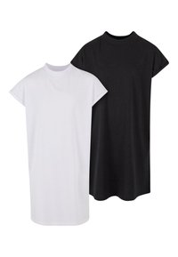 Zestaw dwóch t-shirtów z krótkim rękawem, jeden biały i jeden czarny, wykonanych z miękkiej bawełny, o prostym kroju i wysokim dekolcie.