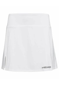 Falda atlética blanca hecha de tejido ligero, con una cinturilla ancha, aberturaslaterales y un detalle de logo gris en la parte inferior izquierda.