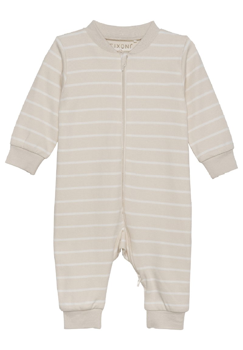 Lys beige jumpsuit lavet af bomuld, med hvide vandrette striber, en frontlynlås og lange ærmer med manchetter.