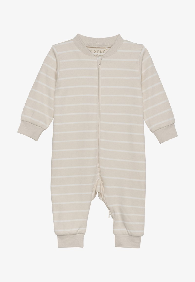 Licht beige jumpsuit van katoen, voorzien van witte horizontale strepen, een rits aan de voorkant en lange mouwen met omgeslagen manchetten.