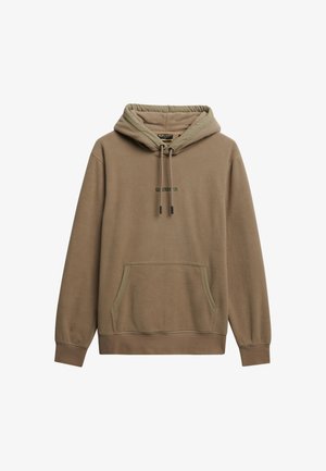 Bruine hoodie gemaakt van zachte, gestructureerde stof. Heeft een kangoeroezak, geribbelde boorden en een klein logo op de borst.