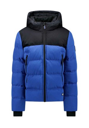 Blauw-zwarte gewatteerde winterjas met capuchon, volledige ritssluiting aan de voorkant, ritssluitingen in de zijzakken en geribde zwarte manchetten aan de mouwen.