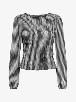 Bluză cu mânecă lungă în carouri alb-negru, cu textura elastică smocată și tiv și decolteu cu volane.