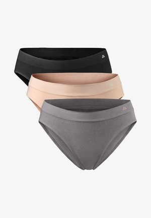 Confezione di tre slip da donna in nero, nude e grigio. Realizzati in tessuto morbido con elastico liscio in vita e un sottile dettaglio del logo su ciascuno.
