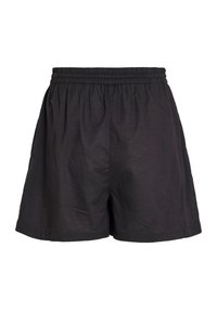 Calções pretos feitos de tecido leve com uma cintura elástica, apresentando um corte descontraído e pernas retas. Sem bolsos ou detalhes adicionais.