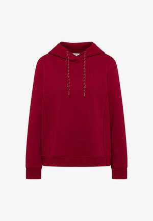 Sudadera con capucha de un rojo profundo, de mangas largas y cordones, con puños y dobladillo acanalados.