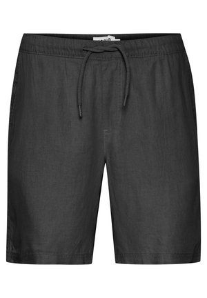 Schwarze Shorts aus leichtem Stoff mit elastischem Bund und verstellbarem Kordelzug, mit glatter Oberfläche und ohne sichtbare Taschen.