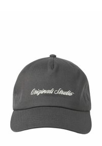 Grey cotton baseball cap with a curved brim, featuring white embroidered "Originals Studio" text on the front. Smooth texture, structured design.