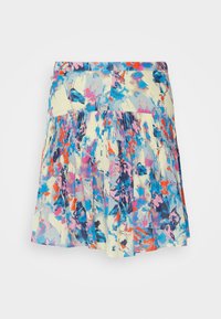 Jupe à motif floral en jaune clair, avec des plis pour un design fluide. Des accents de rose, bleu et orange créent un look vibrant.