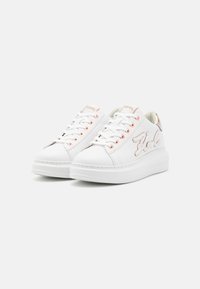 White sneakers with a smooth leather finish, featuring rose gold accents, round toe, and textured platform sole. Embroidered logo detail.