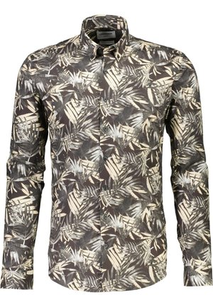 Koszula na guziki w ciemnym brązie z tropikalnym wzorem liści w kolorze kremowym i szarym. Długie rękawy, klasyczny kołnierzyk i pięć czarnych guzików.