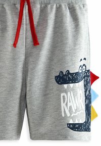 Grå bomuldsshorts med et sort dinosaurgrafik og ordet "RAWR" i hvid. Rød snor og farverige piggede accenter på siden.