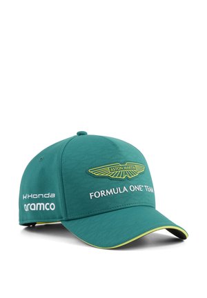 Teal Aston Martin Formula One Team kasket med guldbelagt skygge, der viser Honda- og Aramco-logoer på siden.