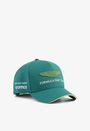 Tealfarbene Aston Martin Formel-1-Team-Kappe mit gelb eingefasstem Schirm, die die Honda- und Aramco-Logos an der Seite zeigt.