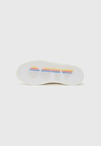 White sneaker sole featuring a textured herringbone pattern; colorful accent stripes in red, yellow, and blue across the midsole.