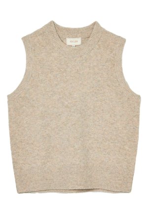 Beige ärmelloser Strickpullover mit rundem Ausschnitt, geripptem Saum und weicher Textur, der dezente Flecken in Hellbraun aufweist.