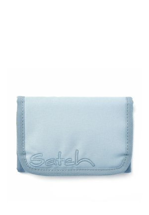 Light blue fabric wallet with a textured surface, stitched edges, and a prominent embroidered "Satch" logo on the front. Rectangular shape.