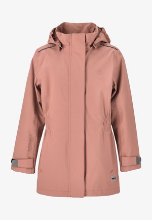 Vandafvisende pink jakke med hætte, justerbar talje, lange ærmer, grå accenter og en glat tekstur. Har logo på brystet og ærmet.