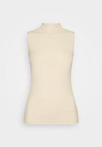 Crème mouwloze turtleneck top met een geribbeld textuur, een aansluitende pasvorm en naadloze randen, geschikt voor lagen of als zelfstandige outfit.