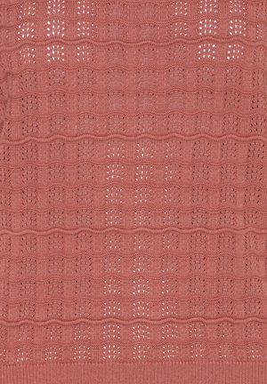 Korallivärvi kootud kangas, kus on korduvad sarnased silmapaistvate lainetaoliste servadega augumustrid ja horisontaalsed soontega lained kogu tekstuuris.