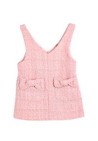 Rosa gewebtes Tanktop mit V-Ausschnitt, das zwei Vordertaschen mit Schleifenverzierungen und einem strukturierten Muster aufweist.
