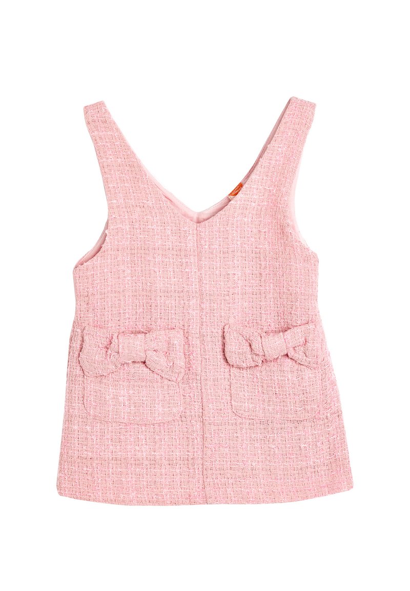 Rosa gewebtes Tanktop mit V-Ausschnitt, das zwei Vordertaschen mit Schleifenverzierungen und einem strukturierten Muster aufweist.