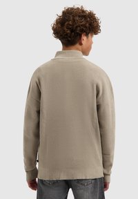Lichtbeige gebreide pullover met een hoge kraag, geribbelde textuur, verlaagde schoudernaad en lange mouwen. De achteraanzicht laat een ontspannen pasvorm zien.