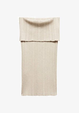 Pleteni midi obleka v bež barvi z rebrasto teksturo. Ima širok preklopni ovratnik in prilegajočo silhueto. Mehka in raztegljiva tkanina za udobje.