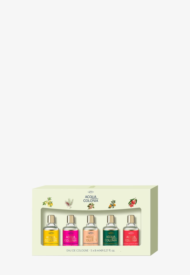 Satz von fünf 8-ml-Flaschen 4711 Acqua Colonia Eau de Cologne in verschiedenen Zitrus- und Blumendüften in einer cremefarbenen Box.
