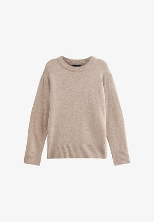 Maglione beige lavorato a maglia con scollatura rotonda, maniche lunghe e polsini e orlo a costine. Tessuto morbido con un motivo sottile nel tessuto.