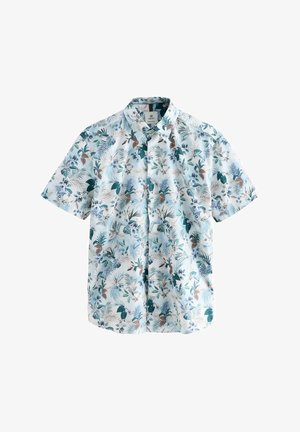 Korte mouwen overhemd met knoopsluiting in het wit met een blauw en groen bloemmotief, met bladeren en bloemen van verschillende groottes op een lichte stof.