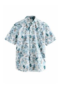 Camicia a maniche corte in cotone leggero, con sfondo azzurro chiaro e un motivo floreale e di foglie variegato nei toni del verde e del marrone.
