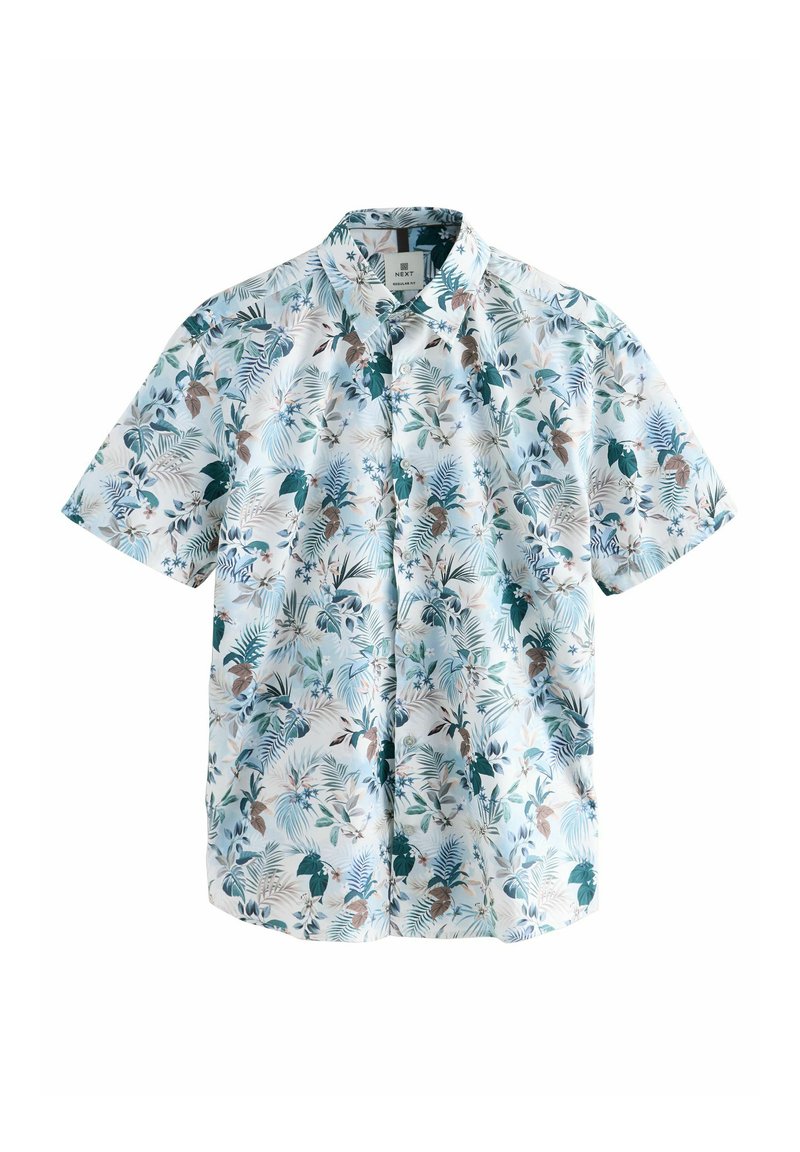 Camicia a maniche corte in cotone leggero, con sfondo azzurro chiaro e un motivo floreale e di foglie variegato nei toni del verde e del marrone.